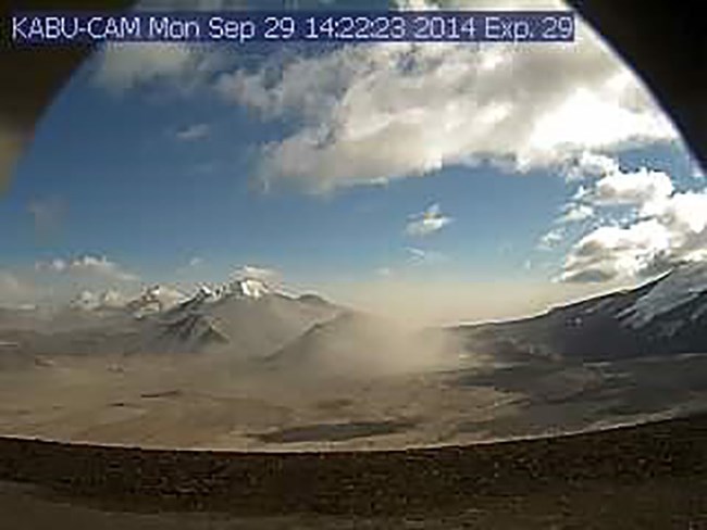 A webcam image of volcanic ash suspended in the air above the Valley of Ten Thousand Smokes.