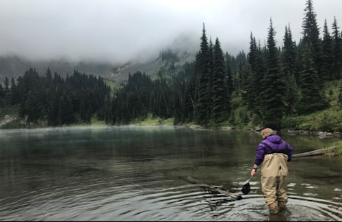 A man wades through the edge of a mountain lake.