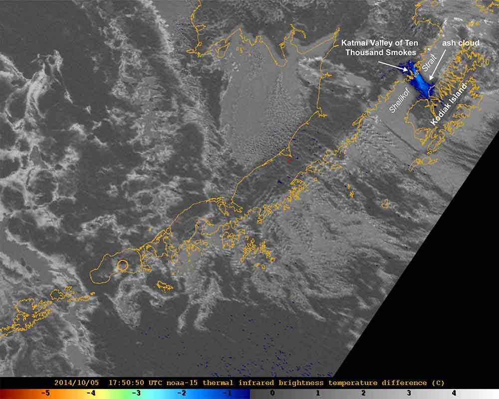 Annotated satellite imagery showing an ash cloud and outline of impact area.