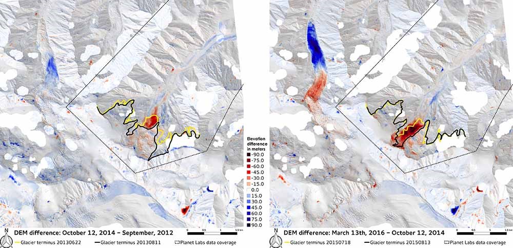A comparison of digital elevation models to show the areas where materials were released and deposited during the landslide events.