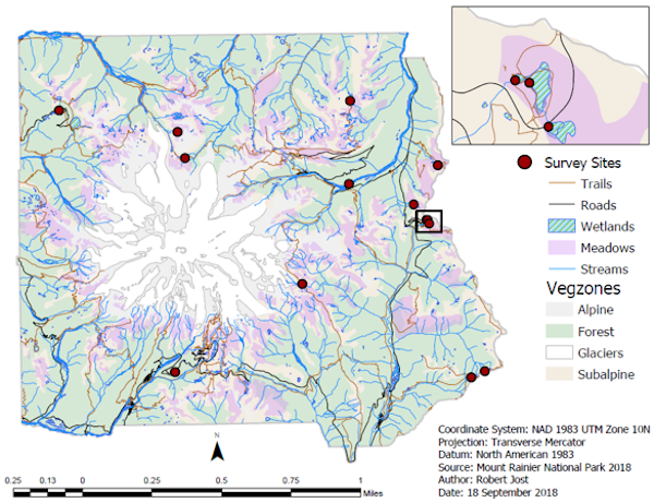 Survey sites throughout Mount Rainier National Park. A map of Mount Rainier with different terrain (wetlands, meadows) shaded in different colors and survey sites marked with red dots.