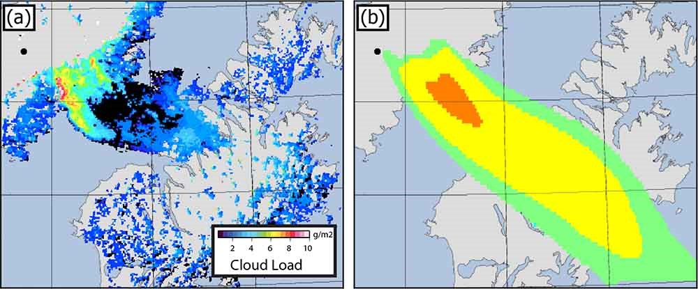 Figures comparing model results for ash resuspension and actual imagery.