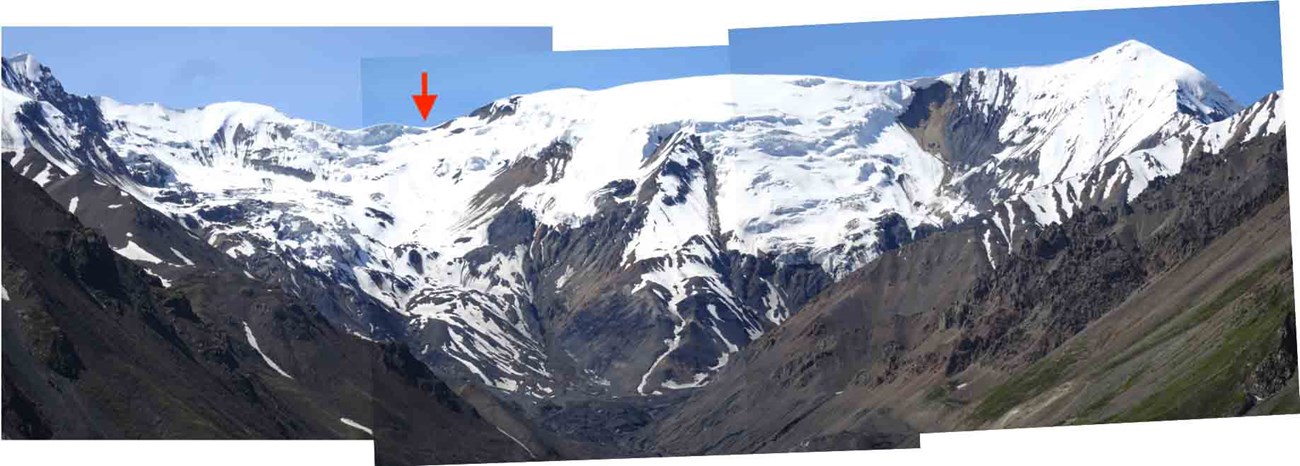 A composite image showing the head of the creek and source of the debris flow.