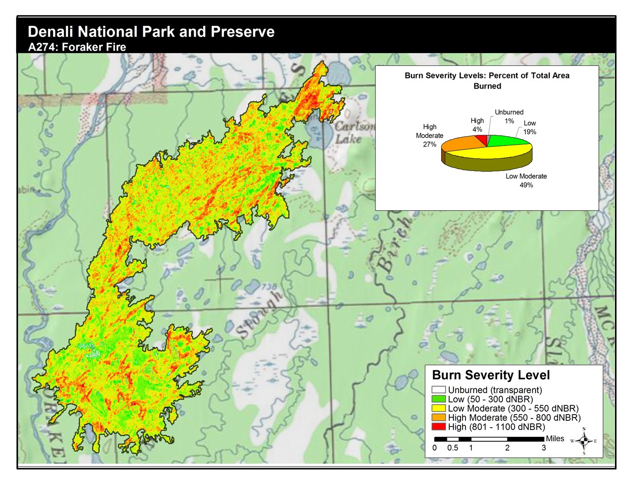 A mostly green map showing burn severity levels  with the majority of the map either in the low range or low moderate range.