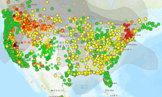 EPA Fire and Smoke Map showing air quality monitors and fire incidents