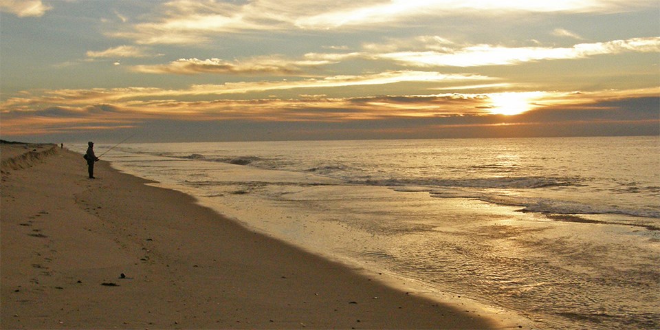 A person fishes on the seashore