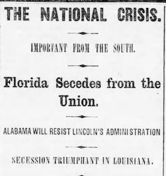 Clipping of a newspaper announcing the secession of Florida in 1861.