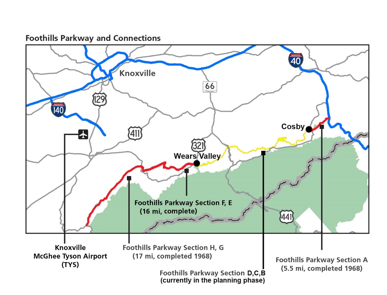 Map of Foothills Parkway, Section A through G Map of Foothills Parkway, Section A - G