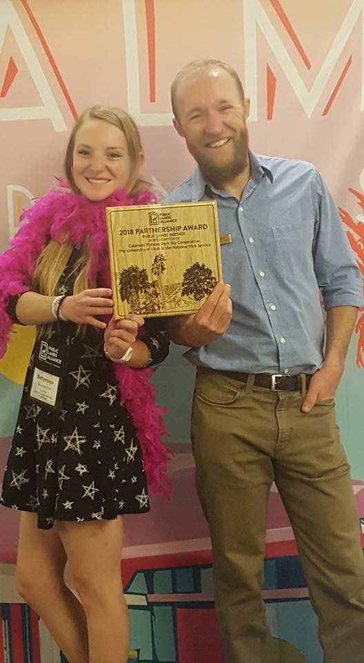 Bettymaya Foott (left) and Nate Ament strike a pose with their Public Lands Alliance partnership award. Bettymaya Foott (left) and Nate Ament strike a pose with their Public Lands Alliance partnership award.