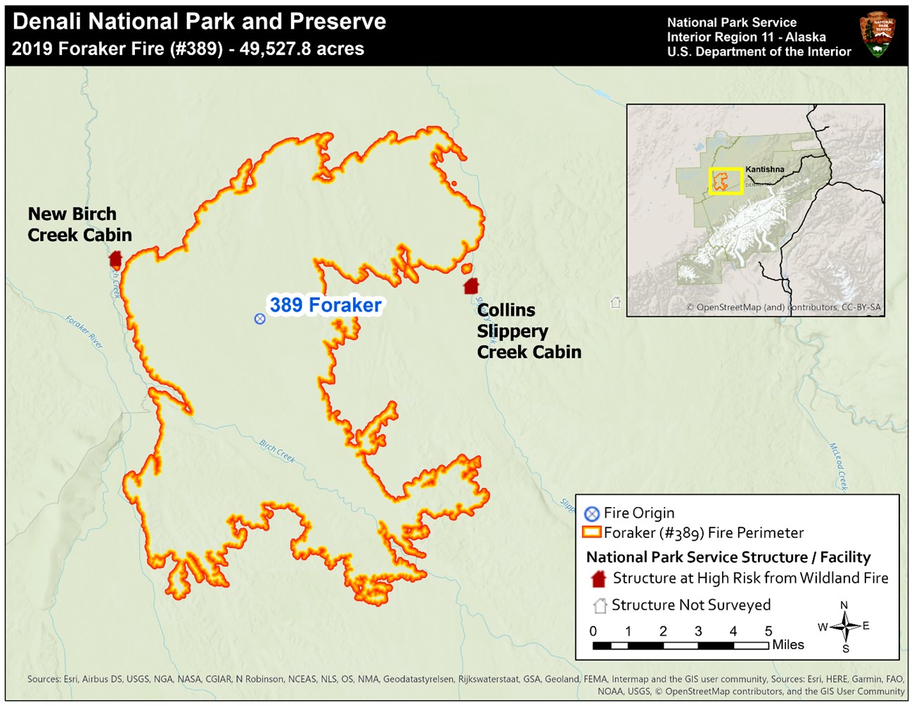 A map showing the perimeter of the Foraker Fire. The fire's perimeter is very close to both the New Birch Creek and Collins' Slippery Creek cabins.