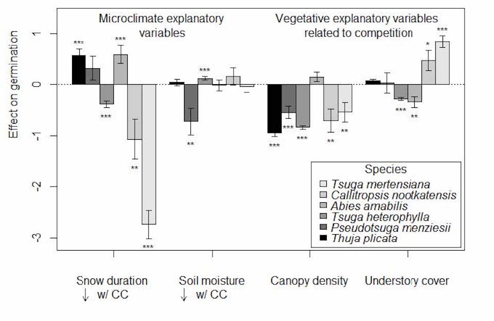 Bar graph shows negative and positive effects on germination of microclimate or vegetative explantory variables for six species of trees.