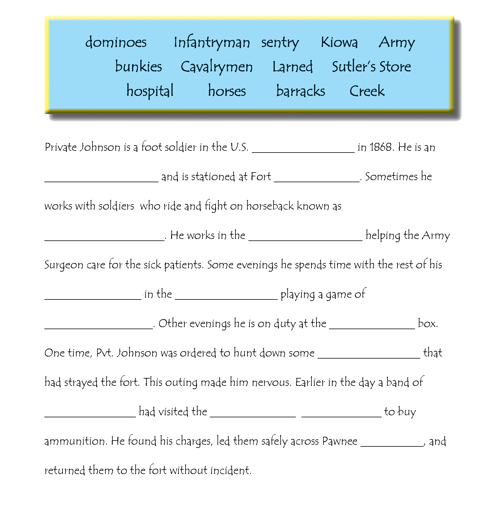 Fort Larned Adventure Image of fill in the black activity with word bank and story.