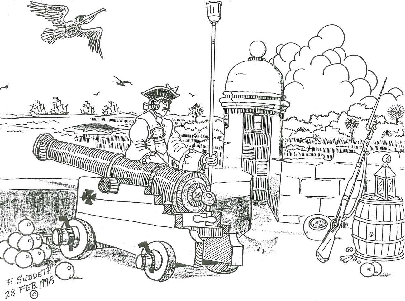 Coloring Page of Fort Matanzas gun deck after 1742 with Spanish soldier and cannon.