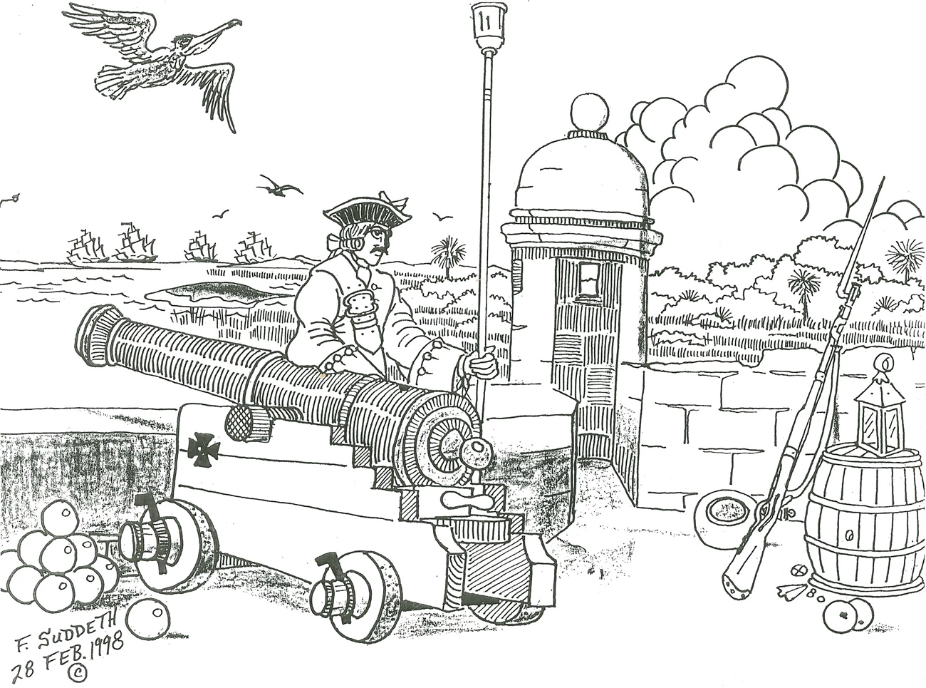 Coloring Page of Fort Matanzas gun deck after 1742 with Spanish soldier and cannon.
