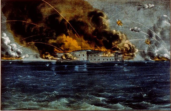Bombardment of Fort Sumter Fort Sumter aflame with Confederate artillery fire arcing through the air towards the fort