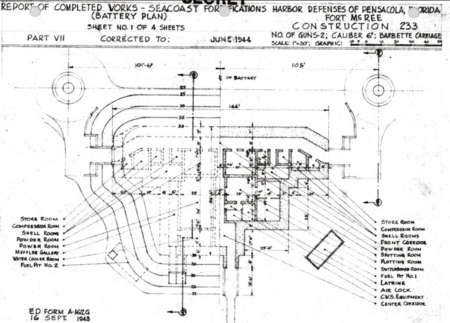 Black sketch drawing of a defensive battery floor plan identifying several features. Black sketch drawing of a defensive battery floor plan identifying several features.
