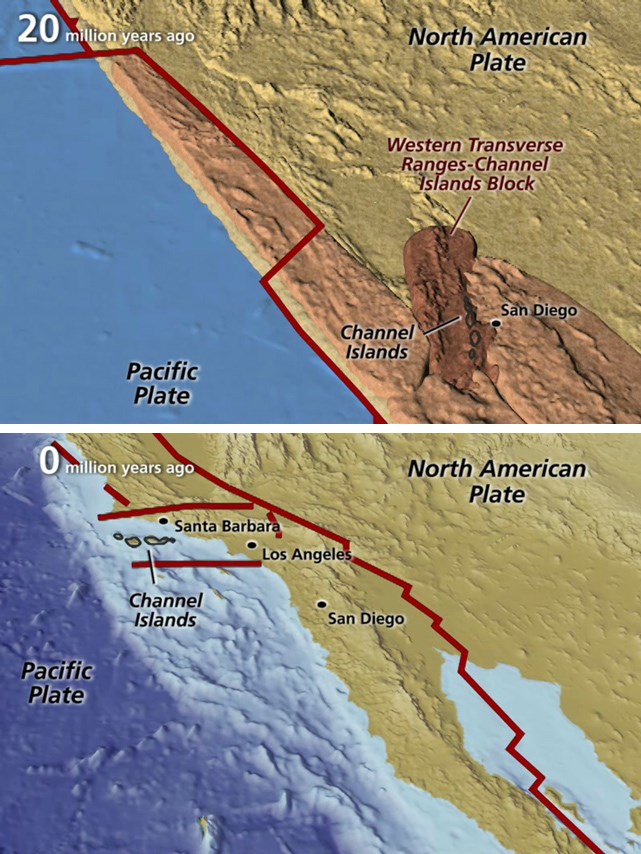 A paleogeographic map of 20 million years ago (top) and a modern map (bottom) showing how the North American and Pacific plate boundaries have moved and rotated