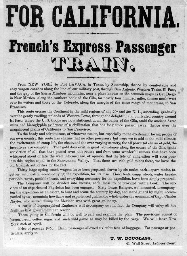 An old handbill advertising a French's Express Passenger Trail to California.