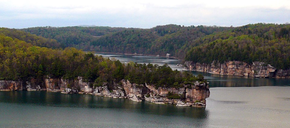 GARI Summerville Lake Aerial view of a lake with rock outcroppings and forest