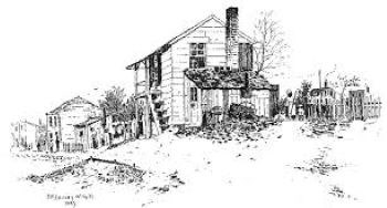 Drawing of a house built on a slight incline with other houses in the background. The house has a tall chimney and a small shed. On the right, an African American woman performs a chore.