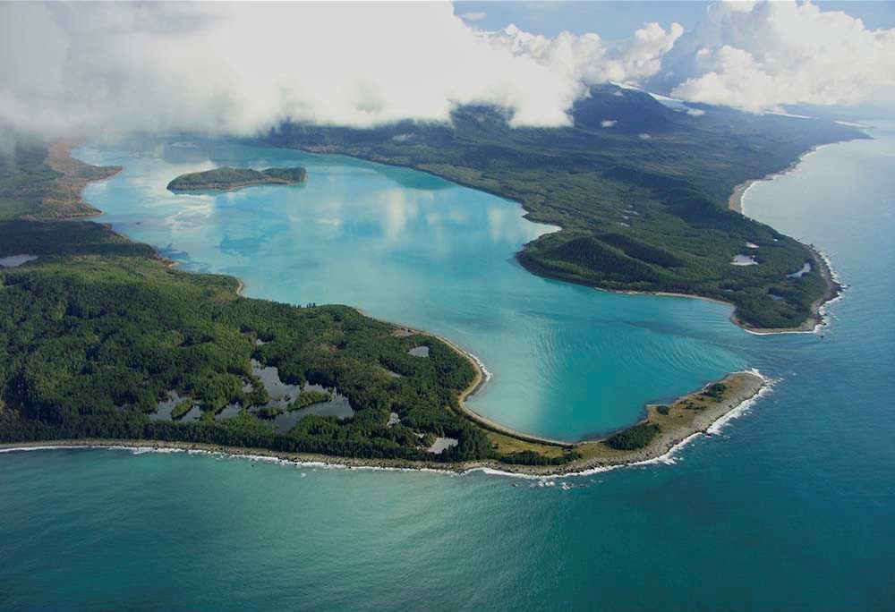 Aerial view of glacial lake and inlet.