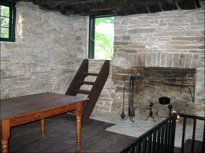 Interior of kitchen area with hearth.