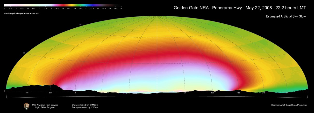 GOGA080523_artificial_1_HA090 Panoramic image of all (natural and anthropogenic) sources of light as observed from Panorama Hwy at Golden Gate NRA in 2008.