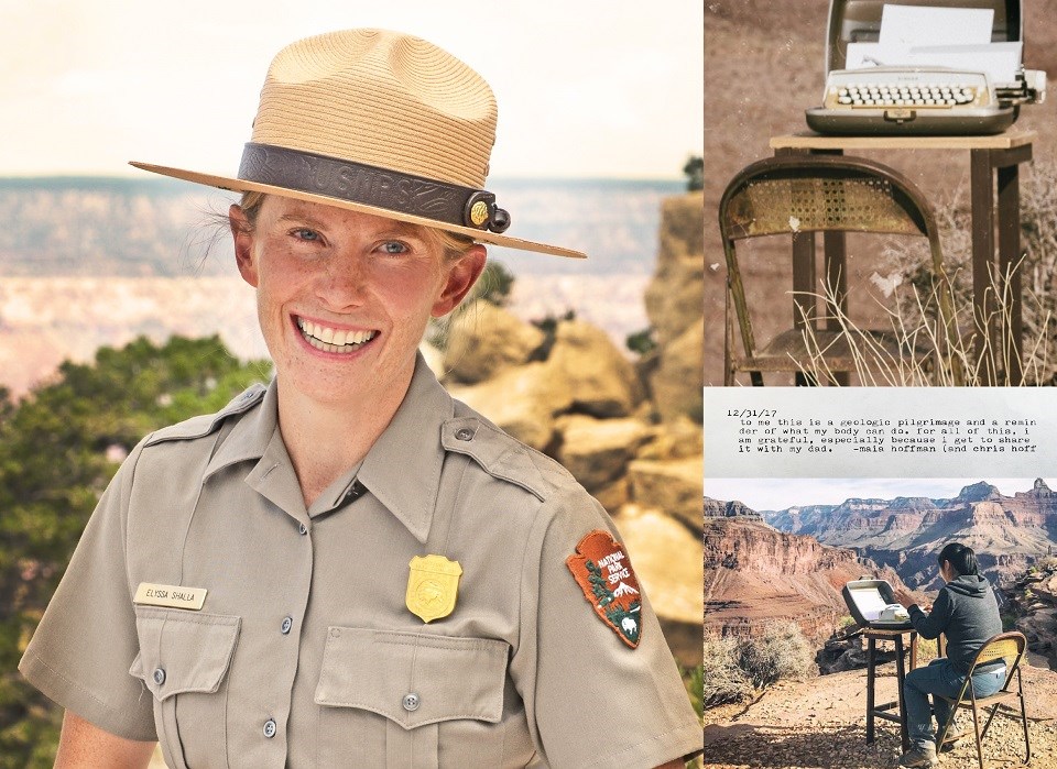 Three images, including a portrait of Elyssa Shalla, a typewriter on a table, and a person typing on a typewriter in the desert