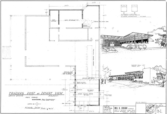 blueprint drawing of Bright Angel Lodge, El Tovar, Mather Point, Hopi House, and Desert View Trading Post