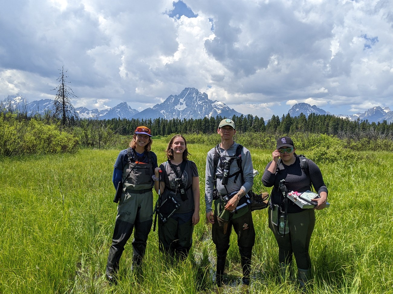 Four people smiling standing in a field with conifers and mountains in the background.