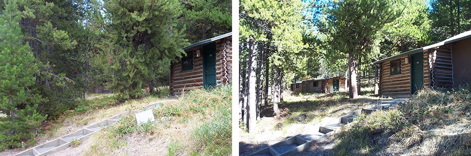 A before and after image that removed trees from around cabins.