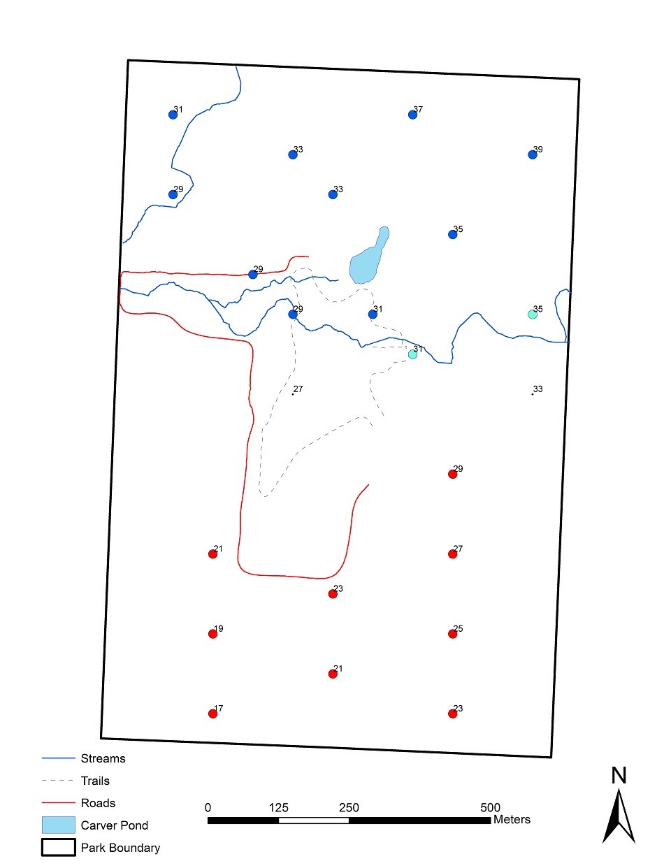 Hot Spot Analysis Map of data collected by volunteers at George Washington Carver National Monument