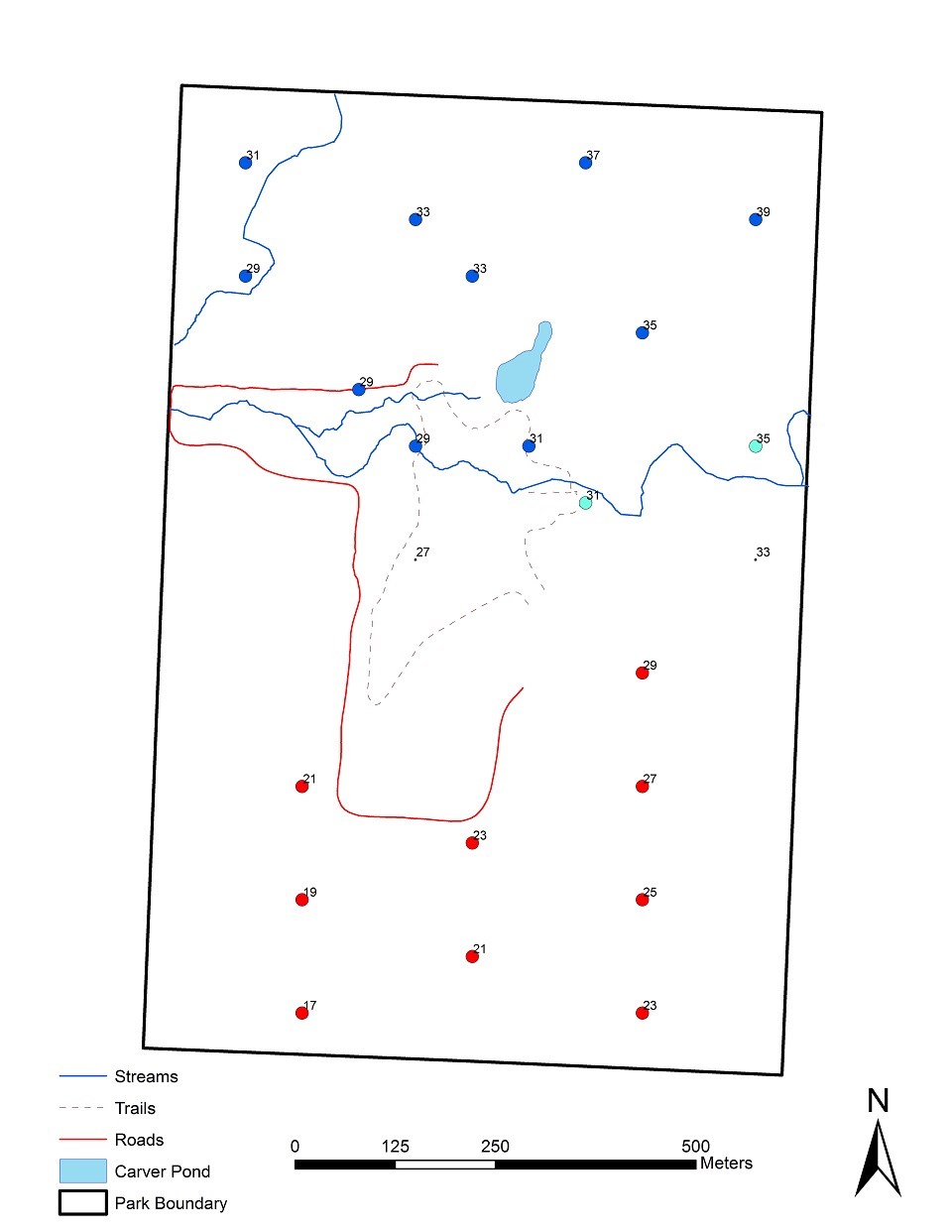 Hot Spot Analysis of 2018 Volunteer Bird Data Hot Spot Analysis Map of data collected by volunteers at George Washington Carver National Monument