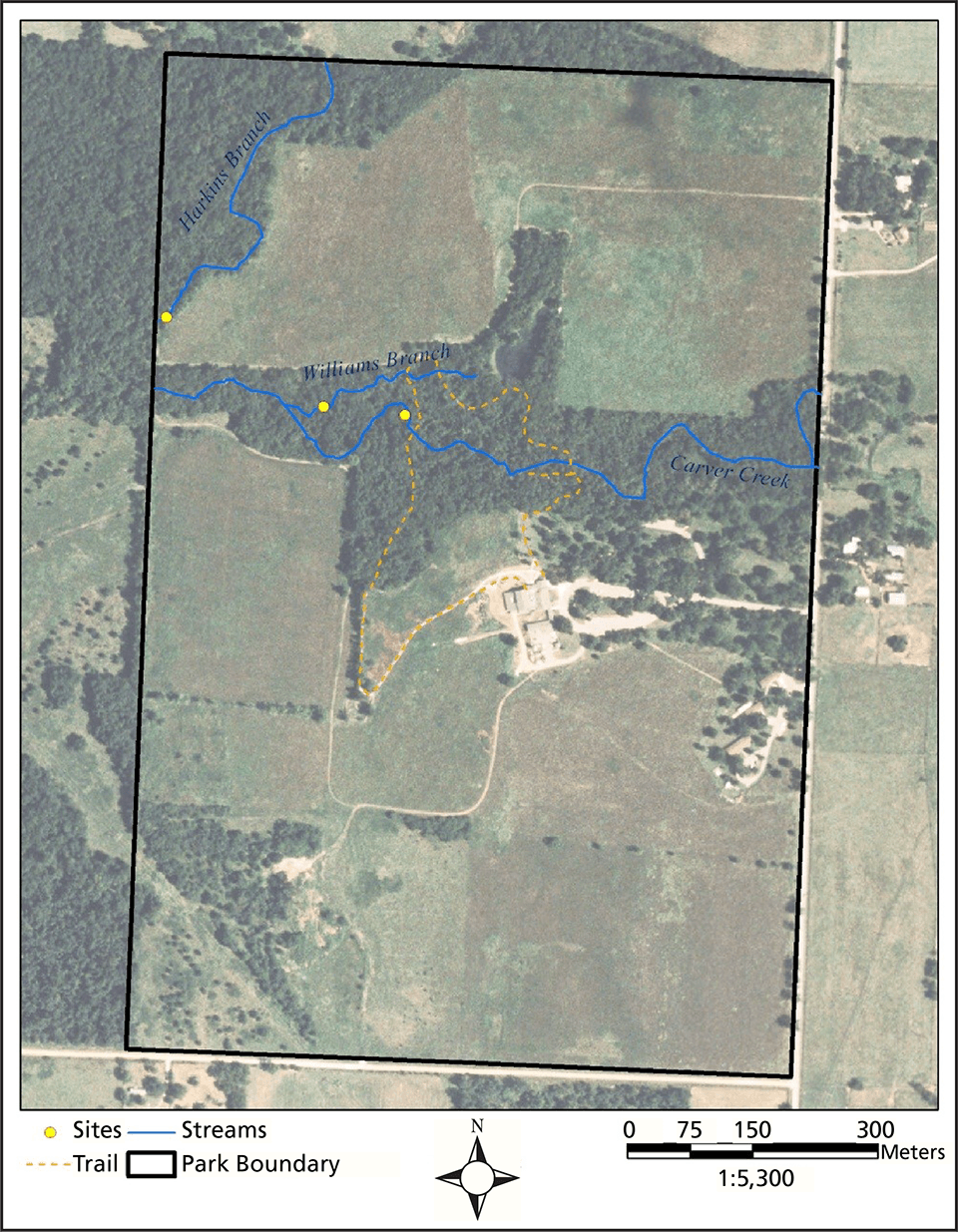 A map of George Washington National Monument showing Harkins Branch, Williams Branch, and Carver Creek