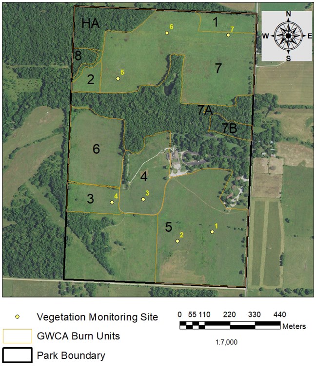 A map of George Washington Carver National Monument showing the burn units and 7 prairie monitoring sites.