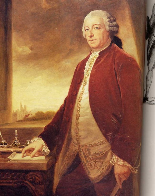 Color portrait of Lord George Germain standing at a desk