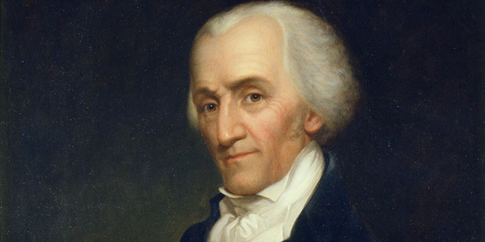Detail, color portrait of Elbridge Gerry, a man with white hair wearing a black coat.