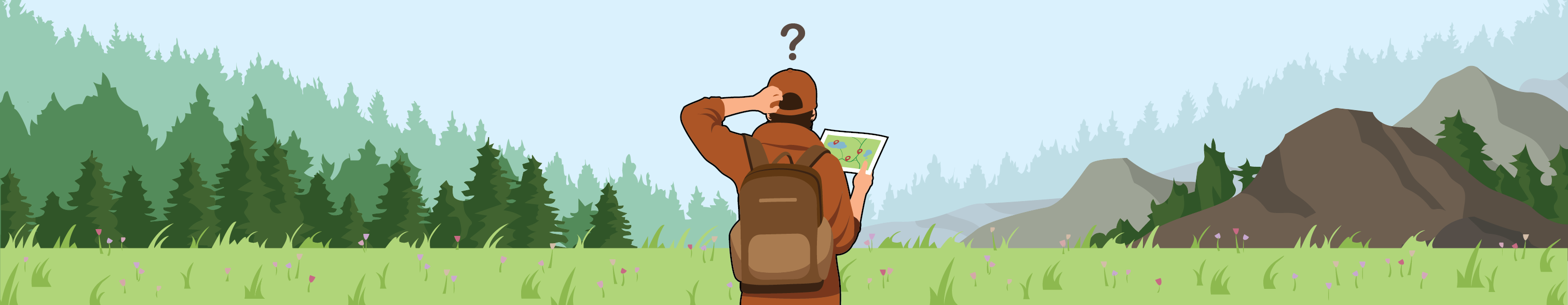 A visitor holding a map, wearing sun protection, and a backpack stands in a field facing trees and mountains is scratching their head because they are lost and confused.