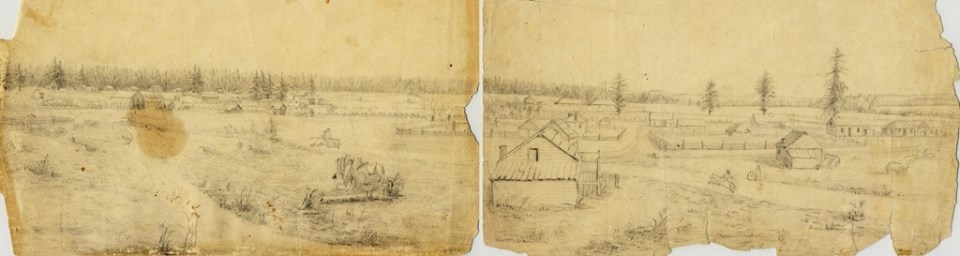Two papers containing a panoramic sketch of village houses with Fort Vancouver and Mount Hood in the background