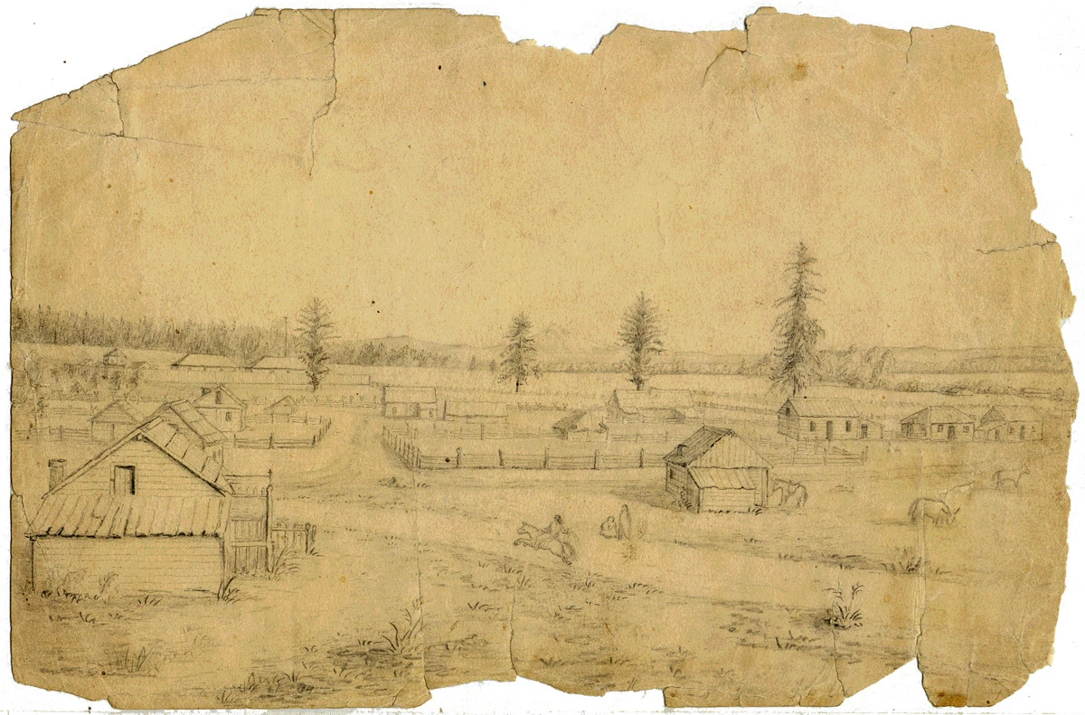 Gibbs sketch Fort Vancouver Village Yellowed paper, torn around edges, with pencil sketch of small cabins with Fort Vancouver and Mount Hood in the background.