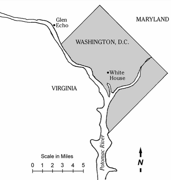 lt= Map depicting Glen Echo's location northwest of Washington, DC