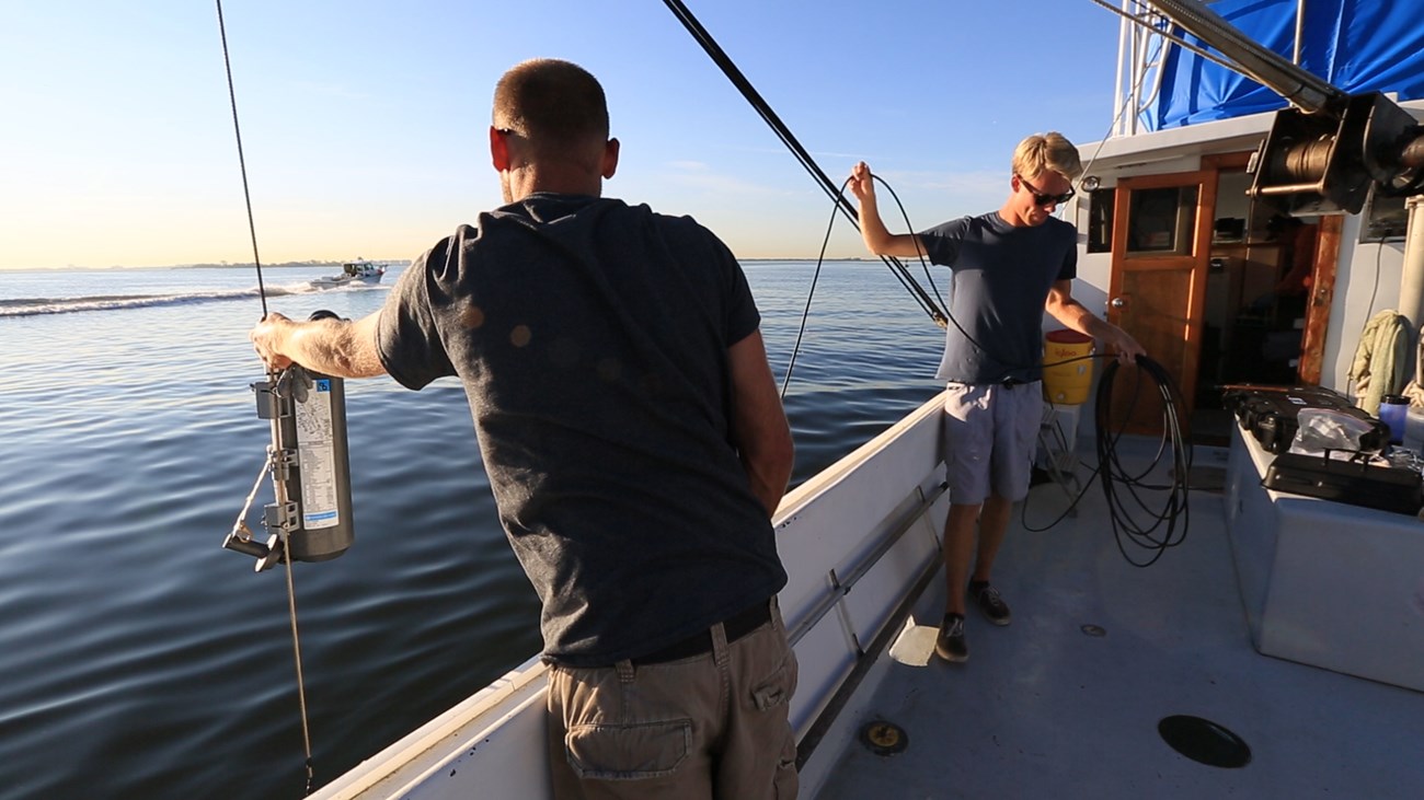 The research crew deploys equipment to collect water quality samples in Jamaica Bay.