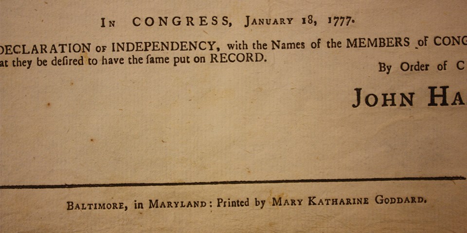 Color image of the bottom of a printed Declaration of Independence showing the name Mary Katharine Goddard.
