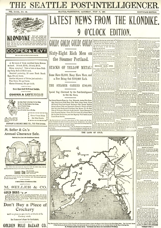 Seattle newspaper headline announcing gold discovery