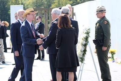 Vice President Pence (right) shaking hands with Gordie Felt (left) during wreath laying ceremony. DOI Photo: Heilemann. Vice President Pence (right) shaking hands with Gordie Felt (left) during wreath laying ceremony. DOI Photo: Heilemann.