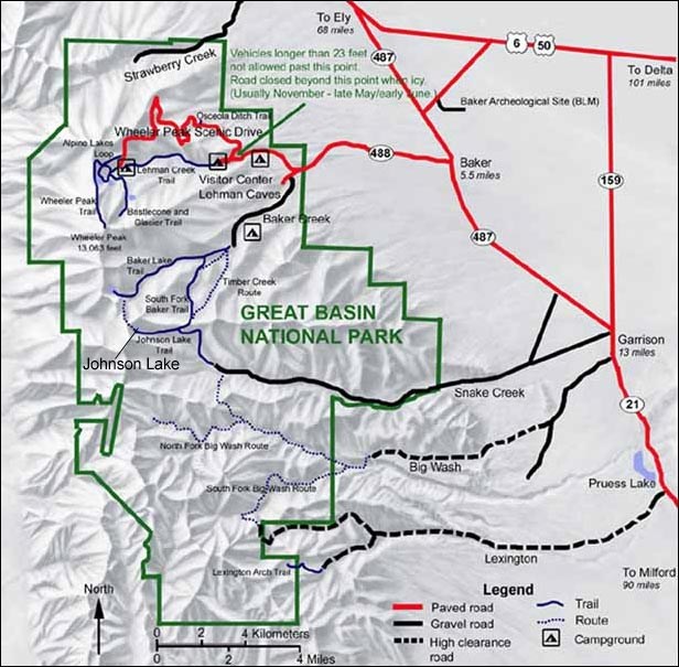 Map of Great Basin National Park, which includes Johnson Lake