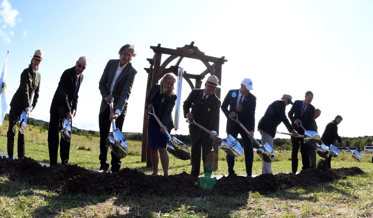(Left) Acting Northeast Region Director Cindy McLeod, Stonycreek Township Supervisor Greg Walker, Architect Paul Murdoch, Families of Flight 93 and Families of Flight 93 Tresuer Emily Schenkel, Superintendent Steve Clark, Secretary of Interior Zinke, Frie (Left) Acting Northeast Region Director Cindy McLeod, Stonycreek Township Supervisor Greg Walker, Architect Paul Murdoch, Families of Flight 93 and Families of Flight 93 Tresuer Emily Schenkel, Superintendent Steve Clark, Secretary of Interior Zinke, Frie