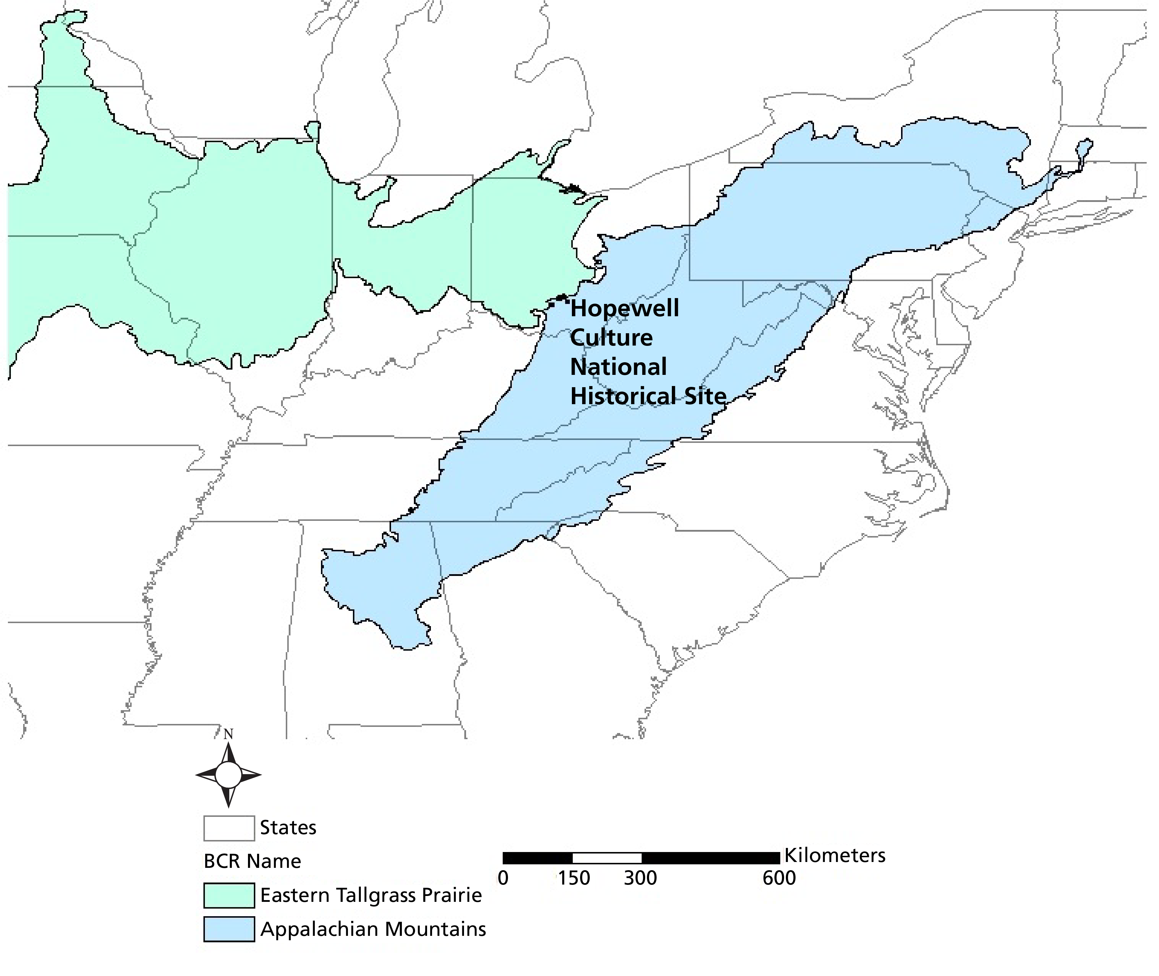Eastern Tallgrass Prairie and Appalacian Mountains bird conservation regions A map of the Eastern Tallgrass Prairie Bird Conservation Area in the midwestern U.S. and the Appalacian Mountains Bird Conservation Region in the eastern U.S.