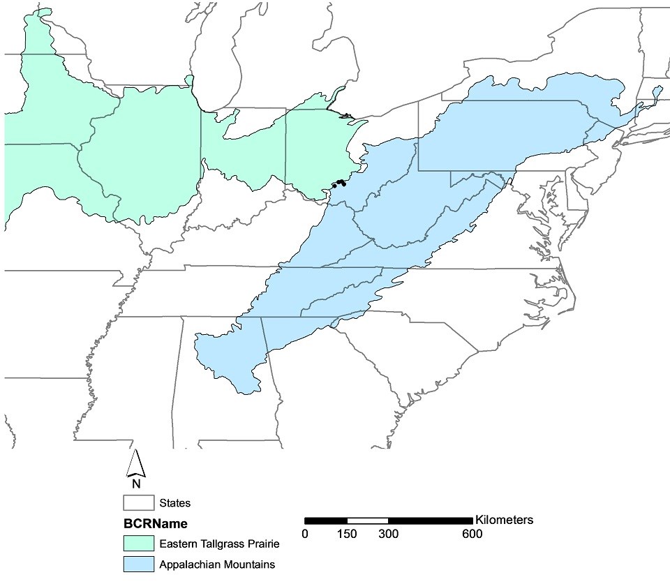 Map of Appalachian Mountains and Eastern Tallgrass Prairie Bird Conservation Regions.
