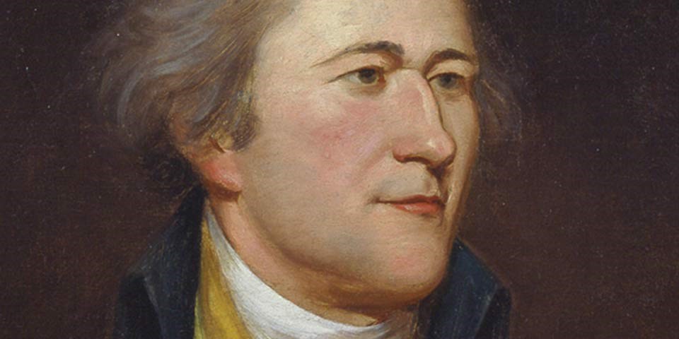 Detail, color portrait of Alexander Hamilton showing his face.